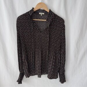 Max Studio Light Blue and Peach Cherry Pattern on Navy Blue/Black Blouse